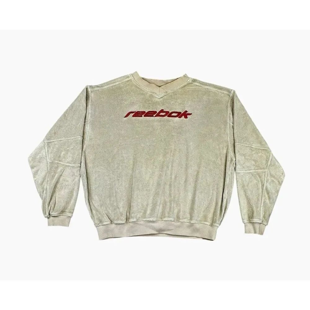 Vintage 80s Reebok Terry Cloth Sweatshirt Cream Red Embroidered Logo Pullover XL